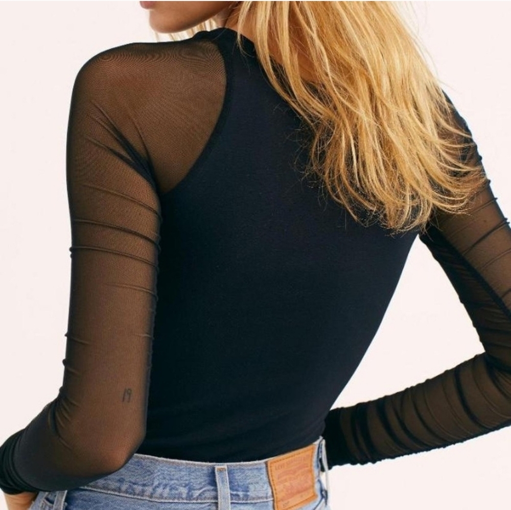 Free People Navy Mesh Long Sleeve Top